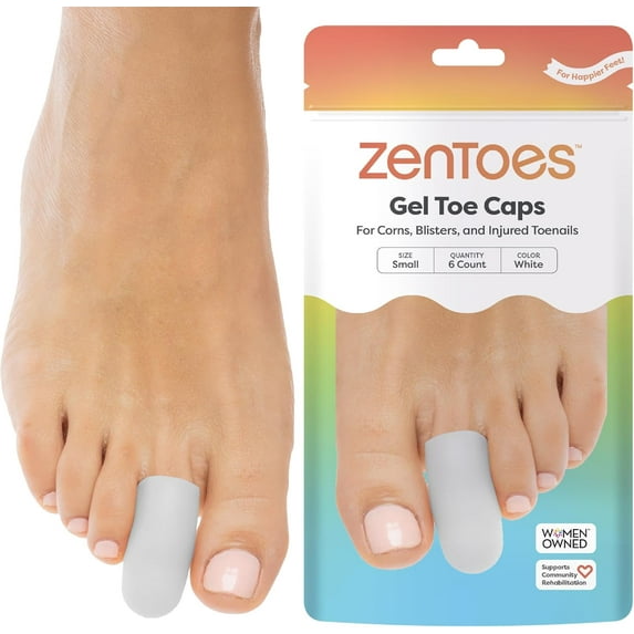 Zentoes 6 Pack Toe Gel Protector & Cap, Cushions & Protects Relief from Missing or Ingrown Toenails, Corns, Blisters, Hammer Toes (Small Toe, White)
