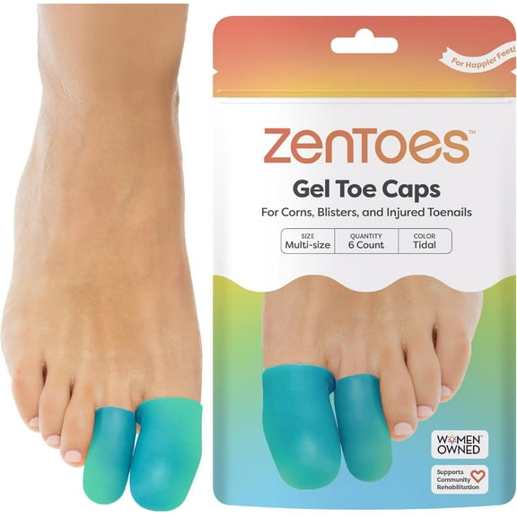 ZenToes 6 pack Gel Toe Cap and Protector - Cushions and Protects to Provide Relief from Missing or Ingrown Toenails, Corns, Blisters, Hammer Toes