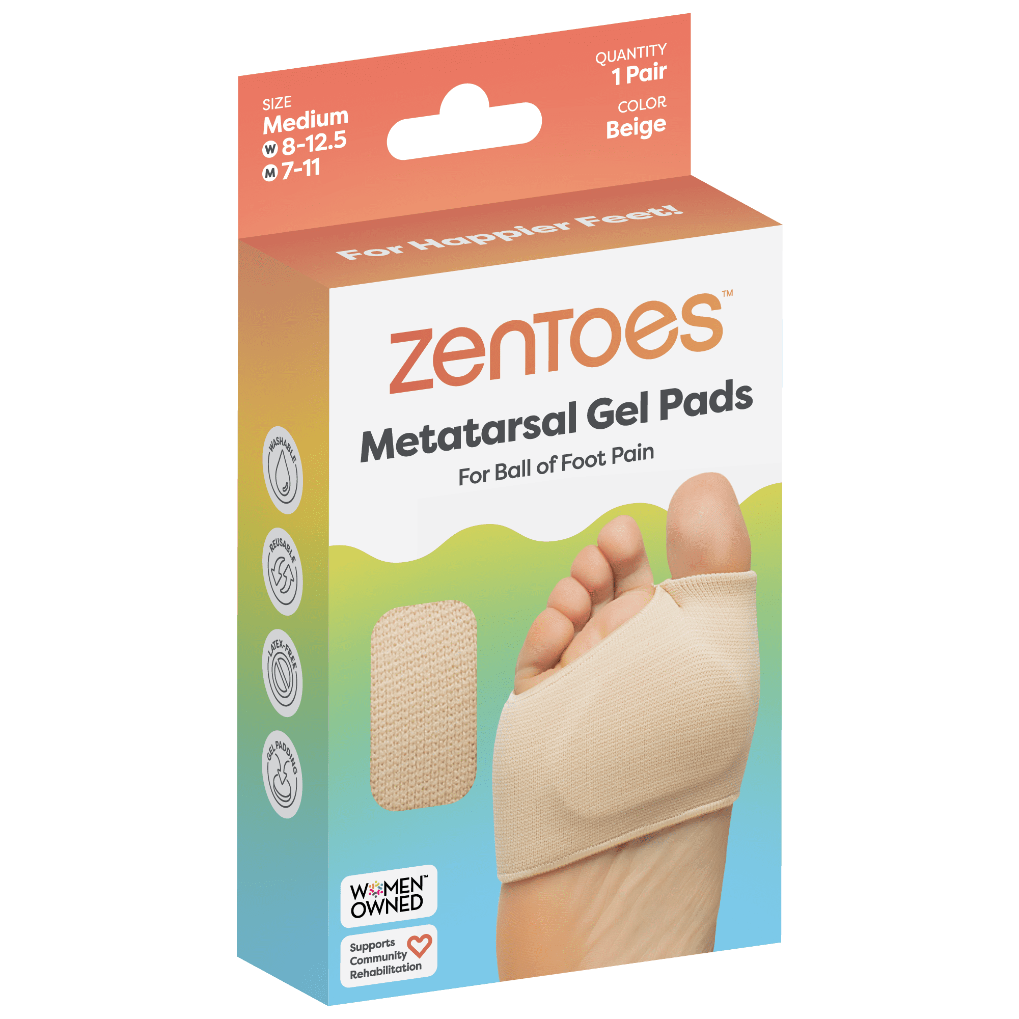 ZenToes Fabric Metatarsal Sleeve with Gel Cushion for Ball of Foot Pain Relief - 1 Pair - Beige