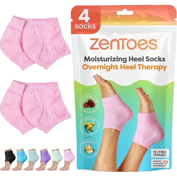 ZenToes Moisturizing Gel Socks for Dry Cracked Heels, Soft Fuzzy Hydrating Heel Sleeves Infused with Vitamin E & Essential Oils, Pink, 2 Pair