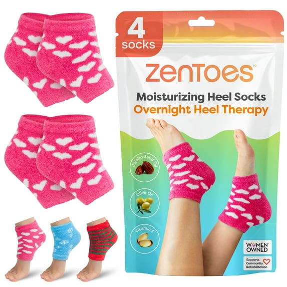 ZenToes Moisturizing Sleep Socks with Vitamin E, Olive Oil and Jojoba Seed Oil to Soften and Hydrate Dry Cracked Heels (Pink Hearts, Regular)