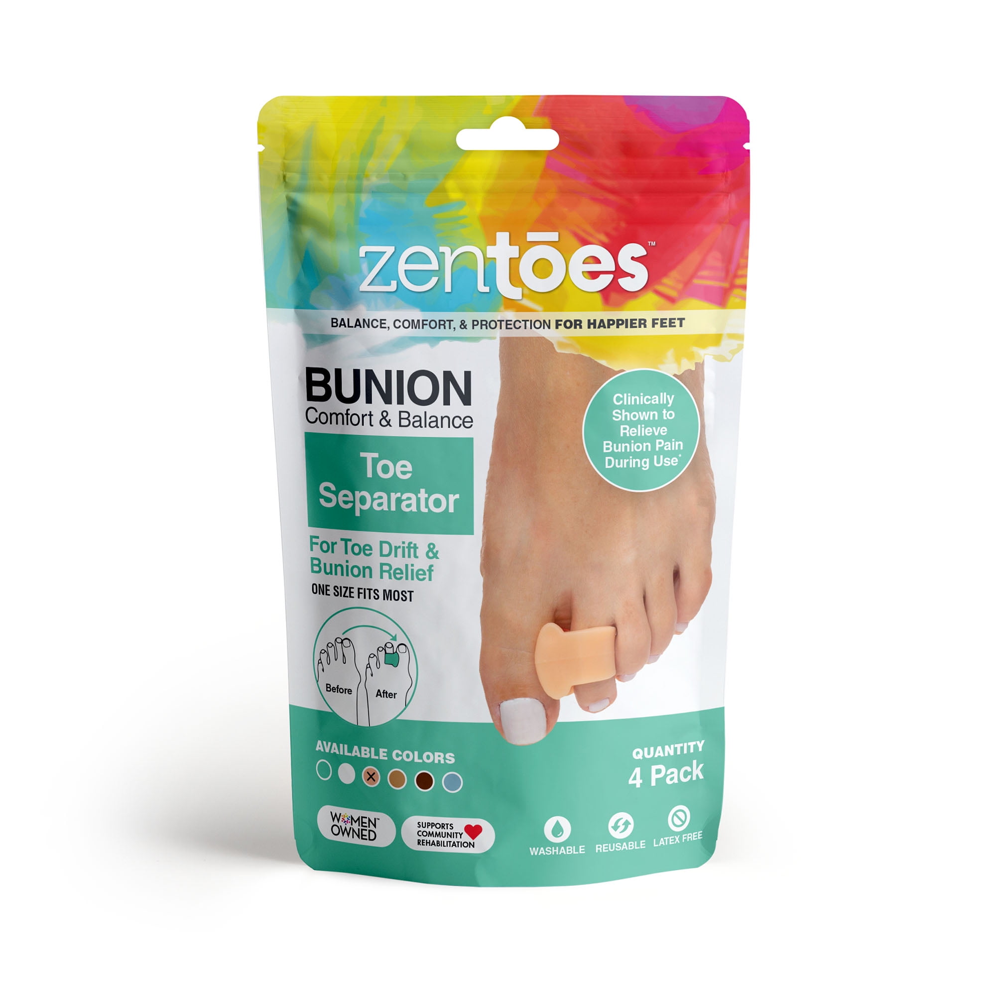 ZenToes Pack of 4 Toe Separators and Spreaders For Bunion, Overlapping Toes and Drift Pain - Beige