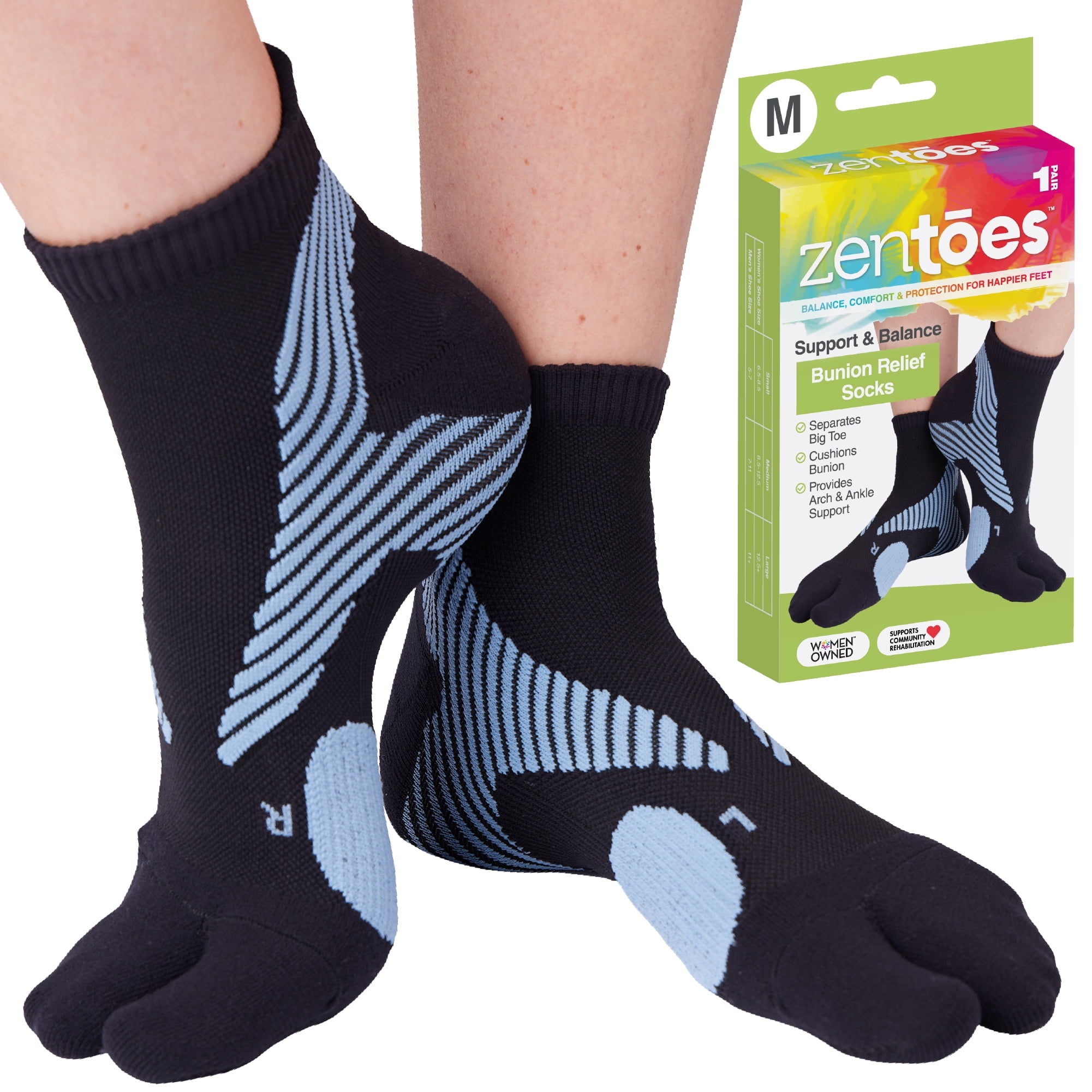 Medium Black and Blue Bunion Relief Socks with Toe Separator