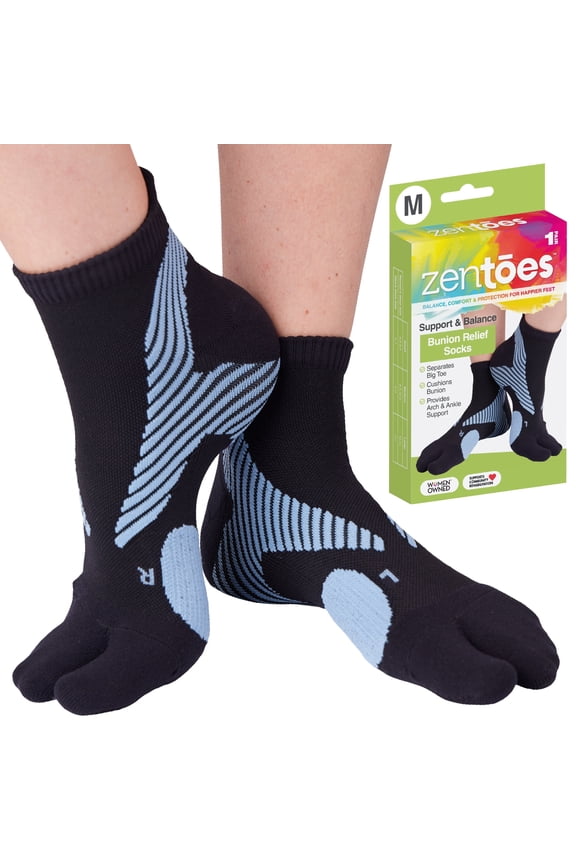 Padded Bunion Relief Socks with Big Toe Separator, Built-In Bunion Protector Cushion, Unisex, Medium, Blue and Black, 1 Pair