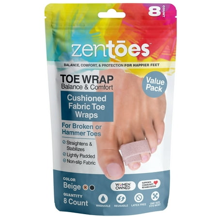 ZenToes Reusable Fabric Buddy Wraps for Broken Toes, Hammertoe Straightener, 8 Count (Beige)