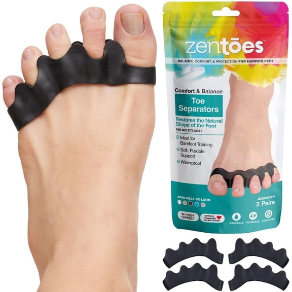 Zentoes Silicone Toe Separators for Women's Feet, Bunion and Hammer Corrector Spacers, Black, 2 Pairs