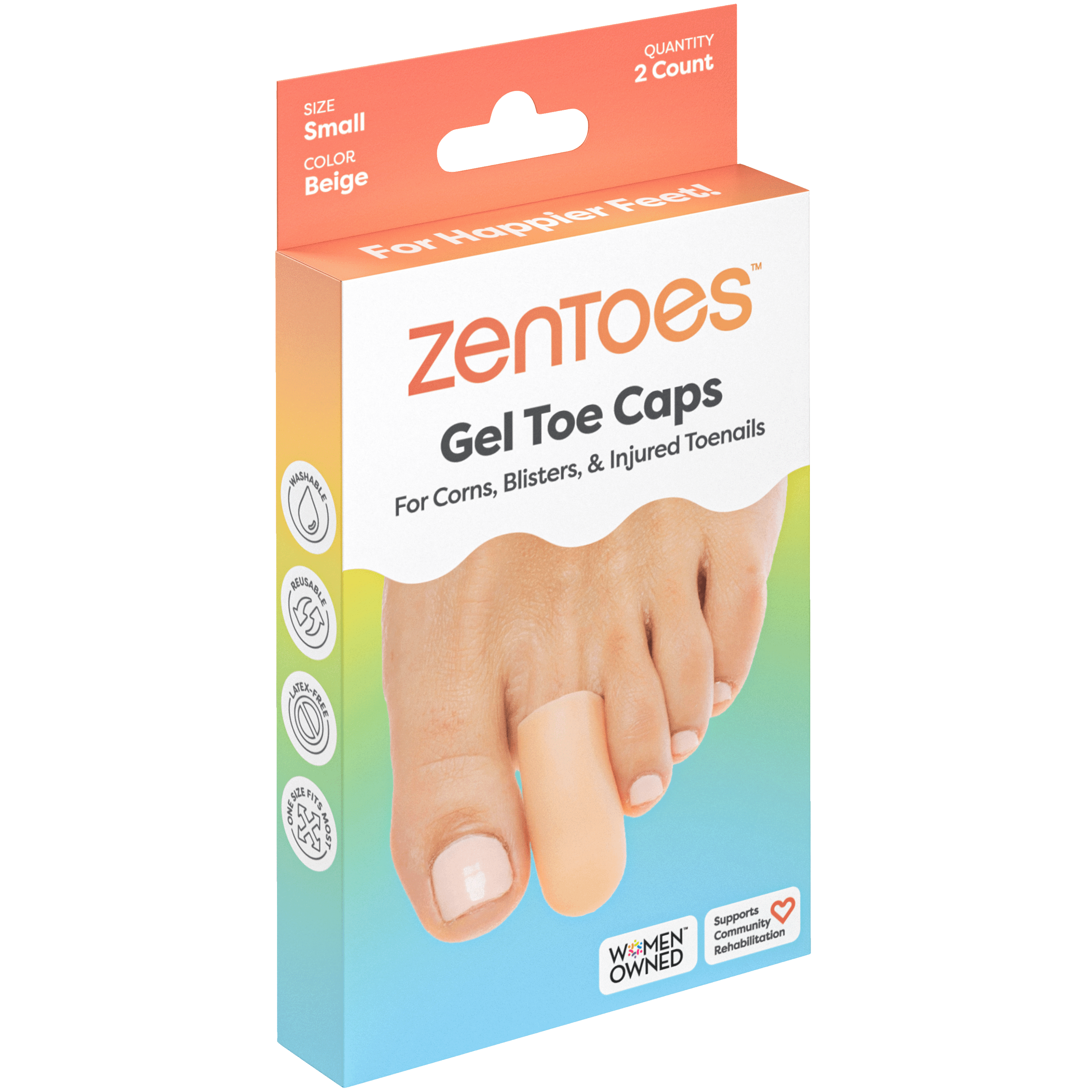 ZenToes Small Gel Toe Caps, 2 Pack, Beige - for Corns, Blisters & Toenails, Size Small