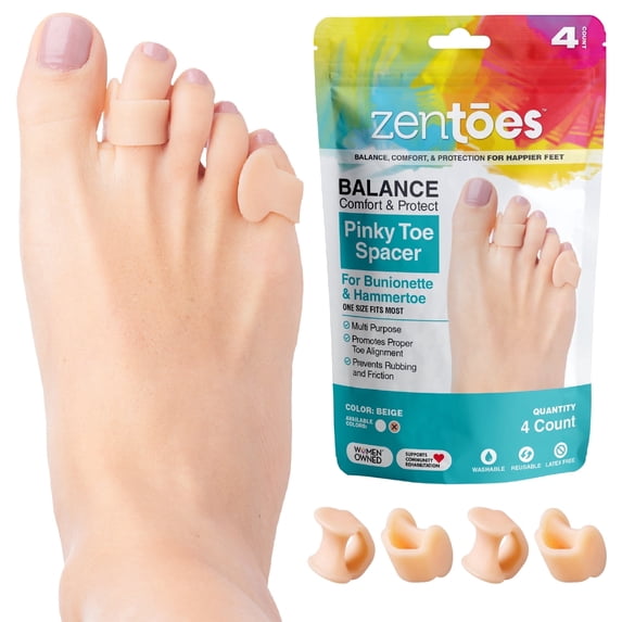ZenToes Small Toe Spacers - Gel Splints for Pinky & Hammer Toe Correction, Bunionette Pain Relief, 4 Count (Beige)