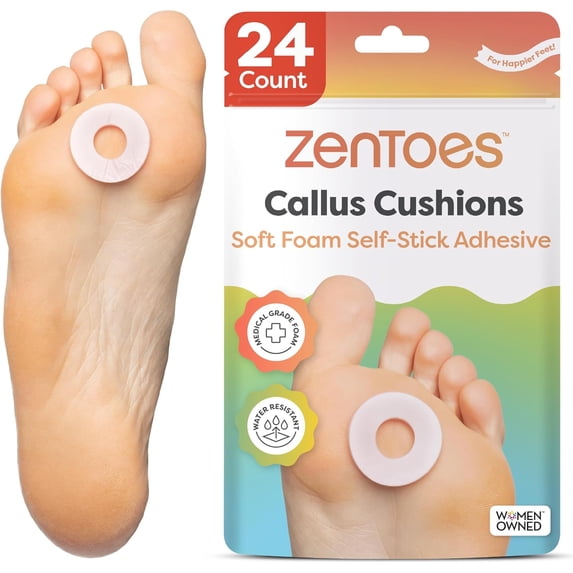 ZenToes Soft Foam Callus Cushions Water-Resistant Callus Pads Toe and Foot Protectors for Shoes, Pain Relief, OSFM, multi-pack of 24