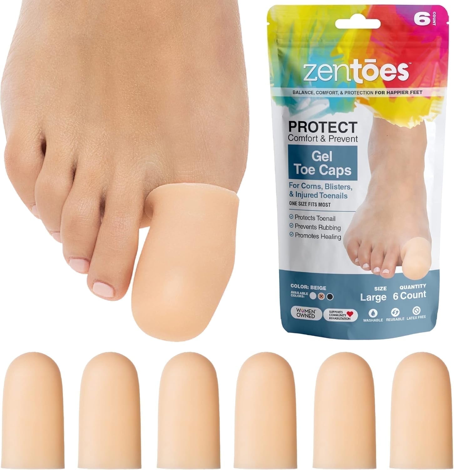 Zentoes Toe Caps Cushion from Rubbing Shoes, Toe Gel Protector, Protect  Missing and Ingrown Nails (Large, Beige), Count