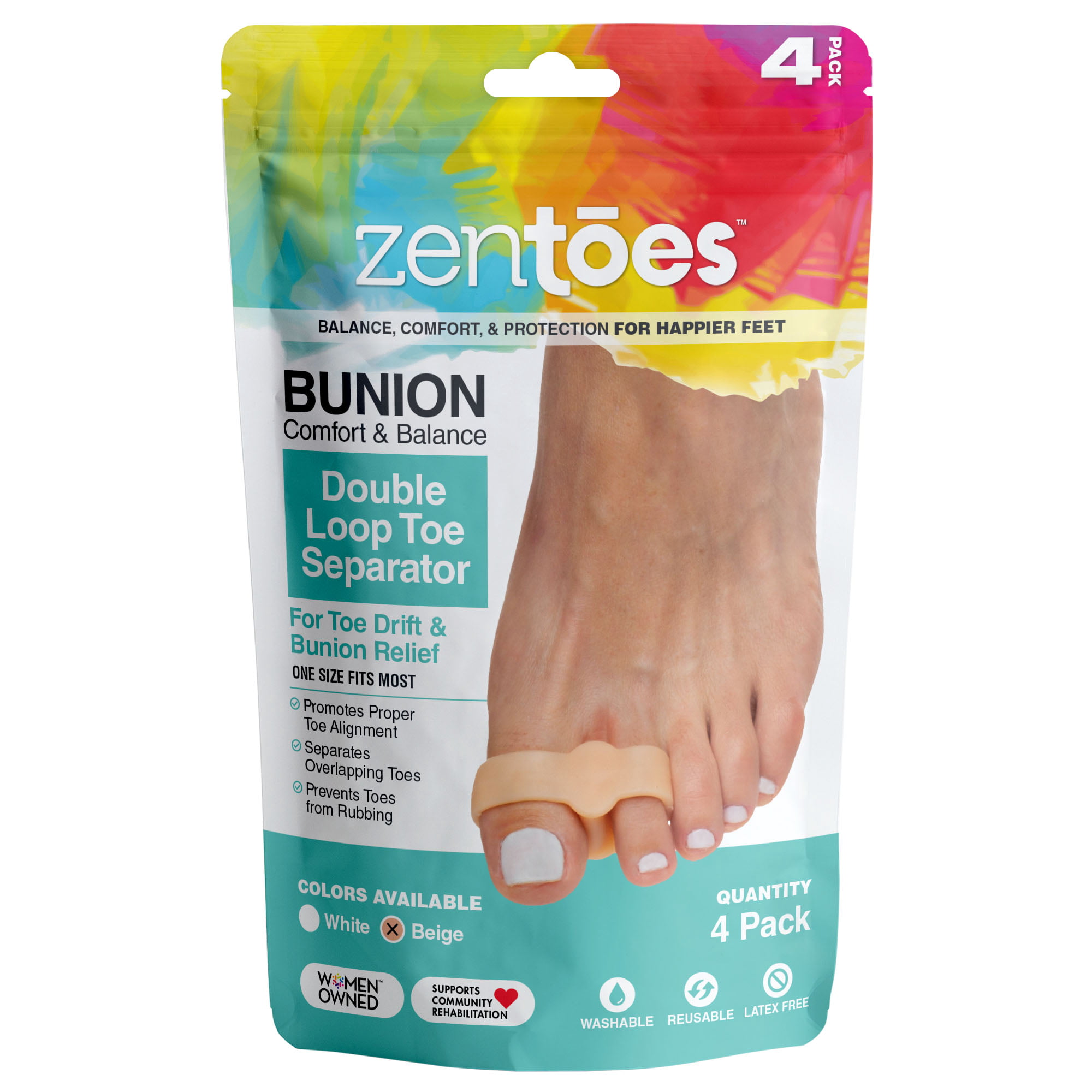 ZenToes Toe Separators with 2 Loops Pack of 4 Soft Gel Bunion Correctors Beige