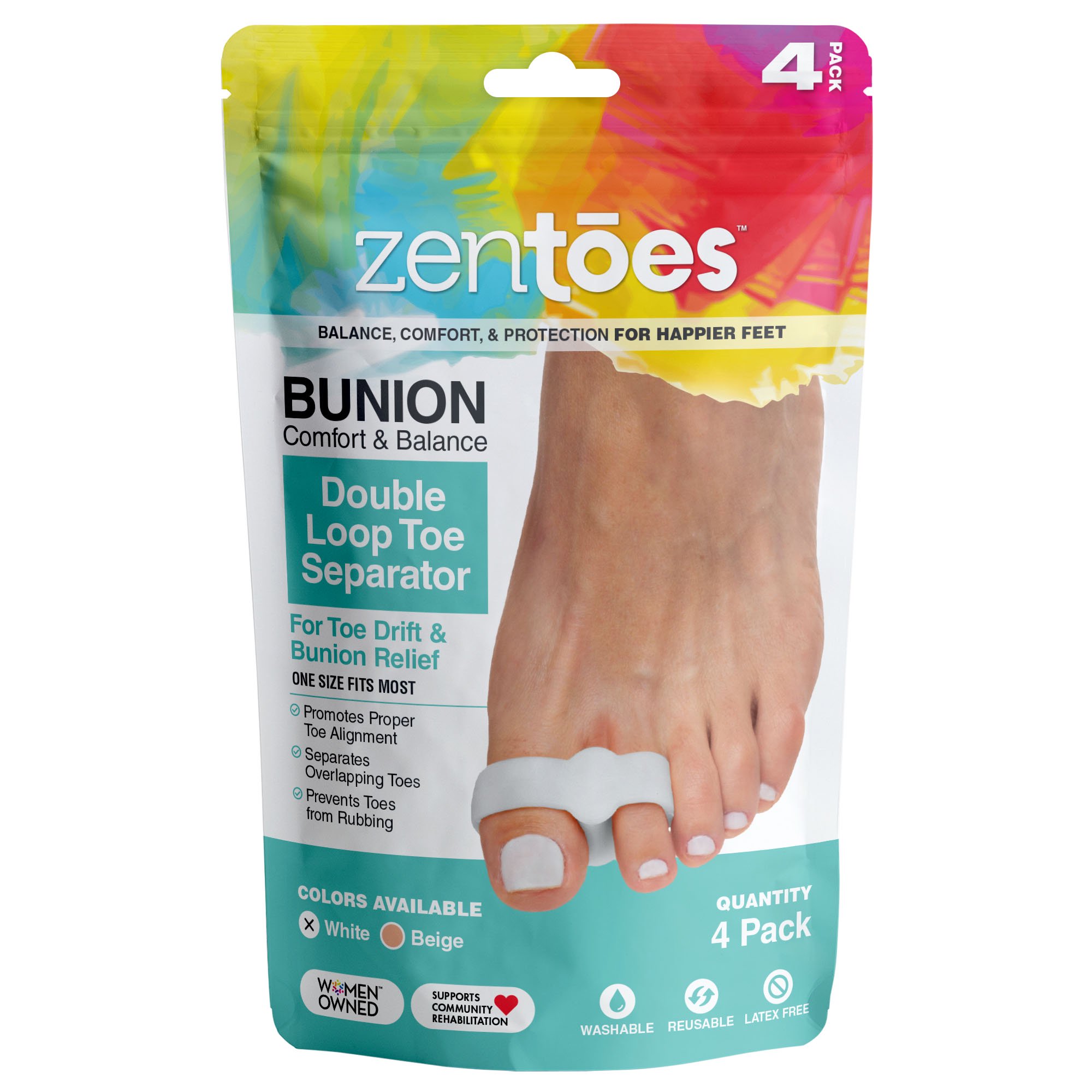 ZenToes Toe Separators with 2 Loops Pack of 4 Soft Gel Bunion
