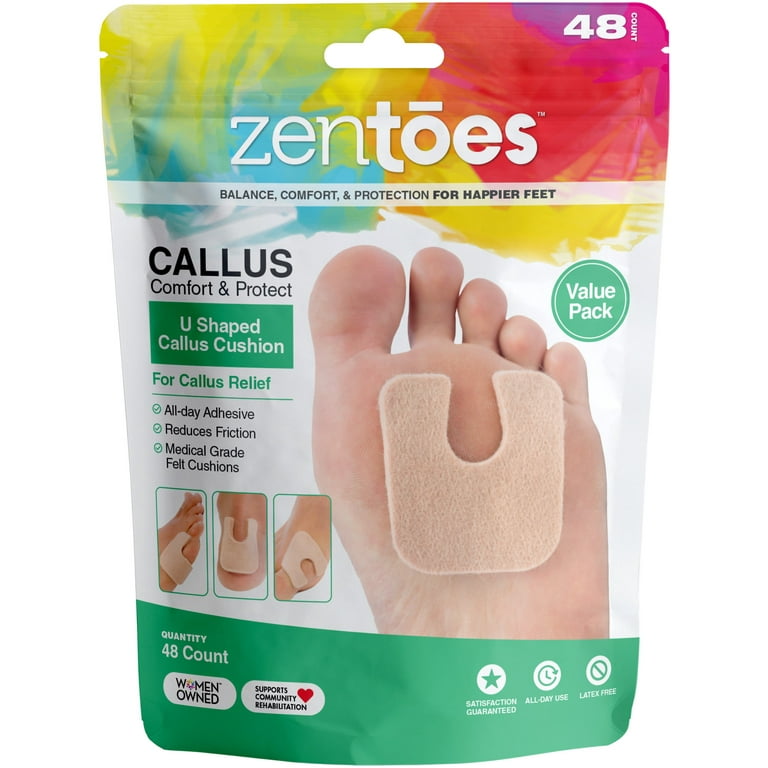 ZenToes U-Shaped Felt Callus Pads | Protect Calluses from Rubbing on Shoes  | Reduce Foot and Heel Pain | Pack of 48 1/8” Self-Stick Pedi Cushions