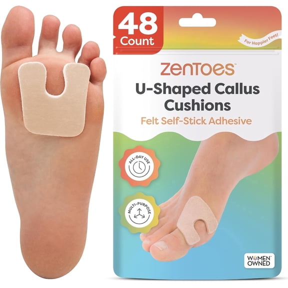 Zentoes U-Shaped Felt Callus Cushion Pads for Orthopedic Shoe Comfort and Pain Relief, 48 Count