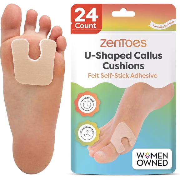 Zentoes U-Shaped Thick Callus Cushion Pads for Men & Women, Protect and Reduce Foot Pain, OSFM, pack of 24