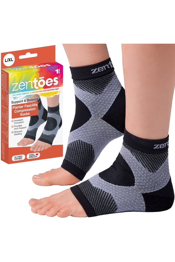 Unisex Open Toe Compression Socks for Plantar Fasciitis, XL, Black/Gray, 1 Pair