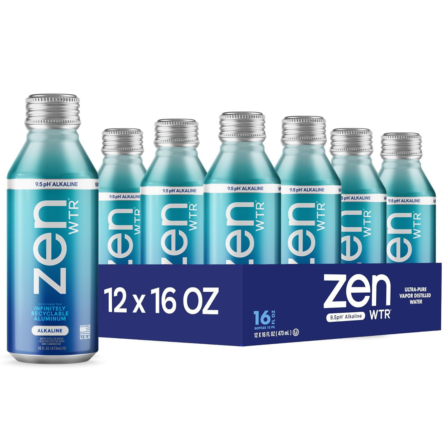ZenWTR Ultra-Pure, Vapor Distilled Water, 16 OZ (Pack of 12) Bottled Water, 9 pH Alkaline Water with Electrolytes for a crisp, refreshing taste in an infinitely recyclable aluminum bottle.