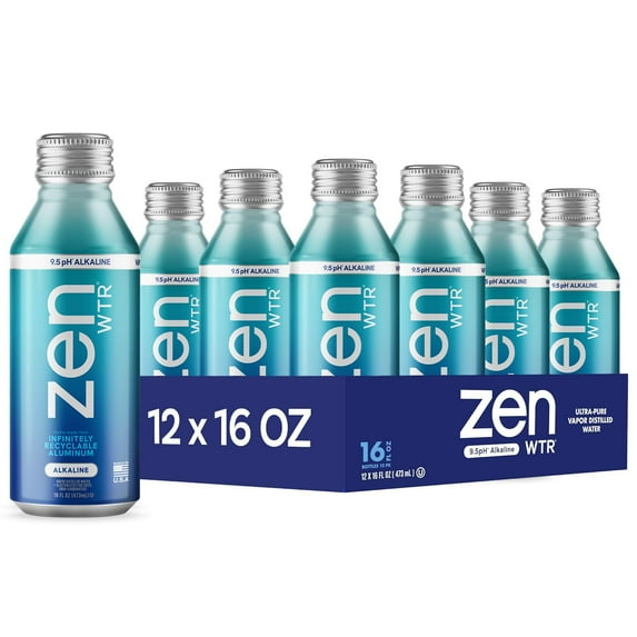 ZenWTR Ultra-Pure, Vapor Distilled Water, 16 OZ (Pack of 12) Bottled Water, 9 pH Alkaline Water with Electrolytes for a crisp, refreshing taste in an infinitely recyclable aluminum bottle.