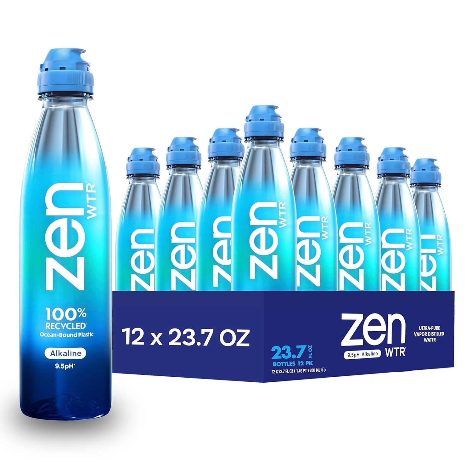 ZenWTR Ultra-Pure, Vapor Distilled Water, 23.7 Oz (Pack of 12) Bottled Water, 9.5 pH Alkaline Water with Electrolytes for a Crisp, Refreshing Taste