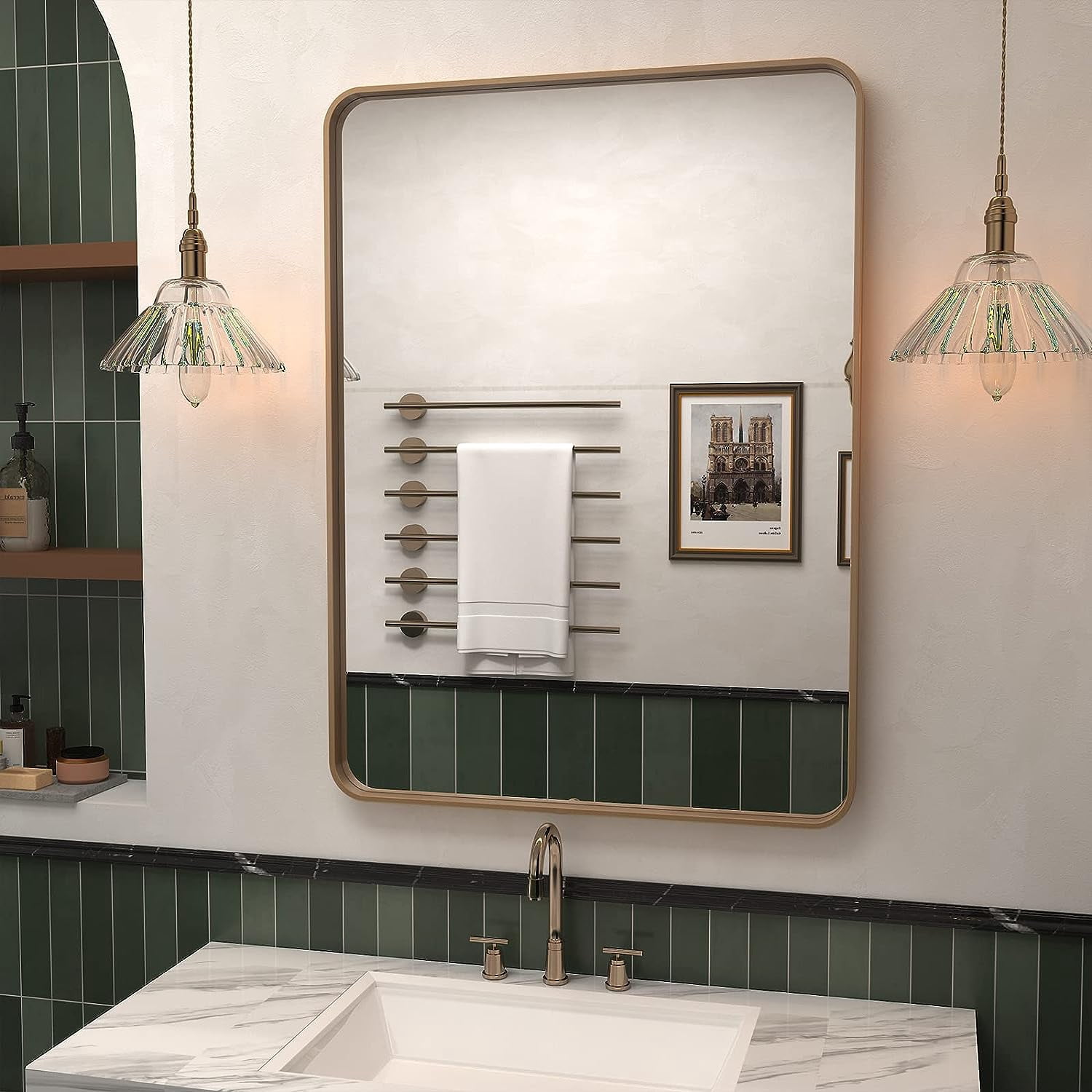 ZenZone 22x30 Brushed Gold Bathroom Mirror, Metal Gold Framed Vanity ...