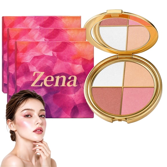 Zena 4-In-1 Eye and Cheek Palette, Blush Highlighter with Brush, Multifunctional Eyeshadow and Highlighter Makeup, Natural Glow Contour Powder for All Skin Tones