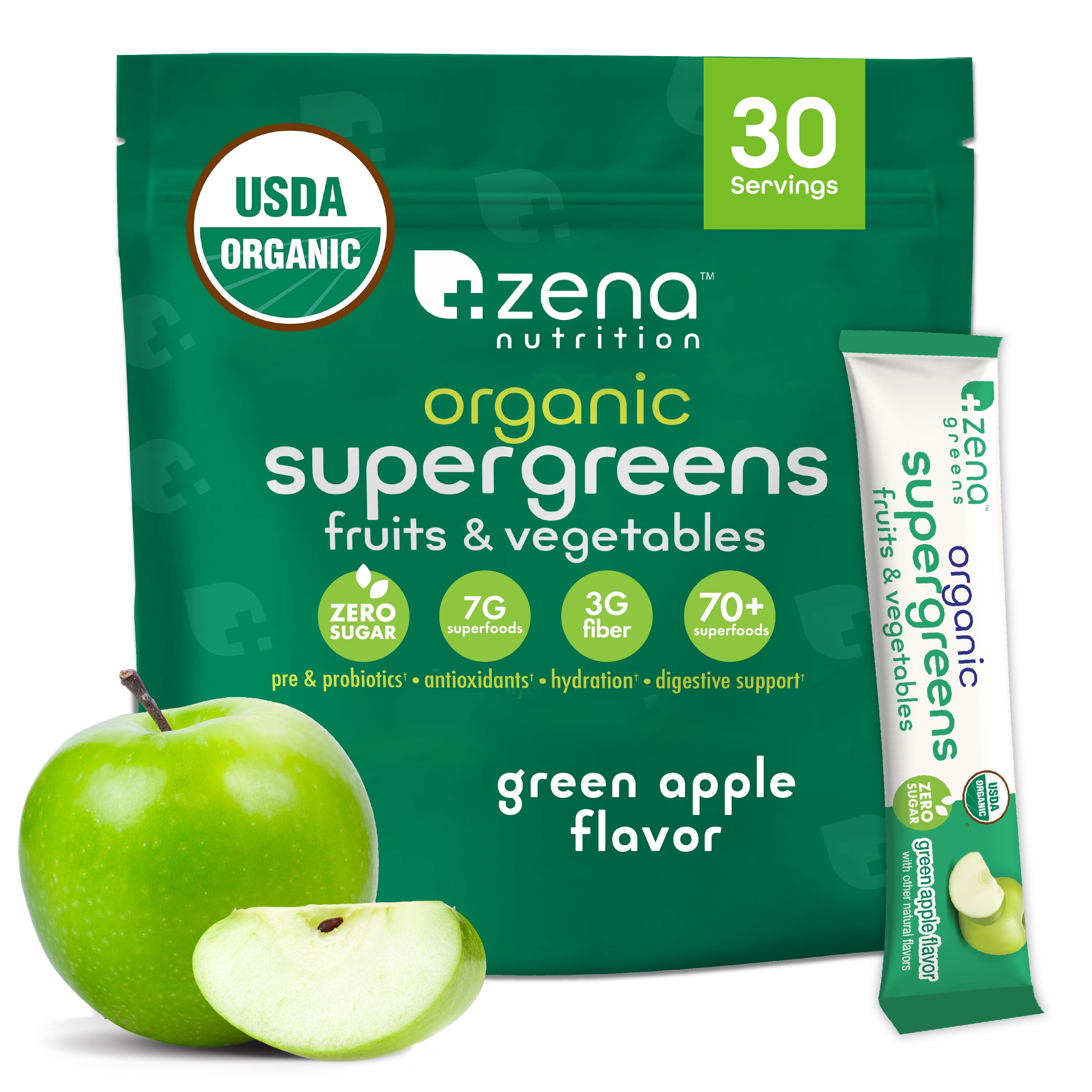 Zena Nutrition Organic Super Greens Powder, Green Apple, 0 Sugar, 3G Fiber, Superfoods, 30 Packets