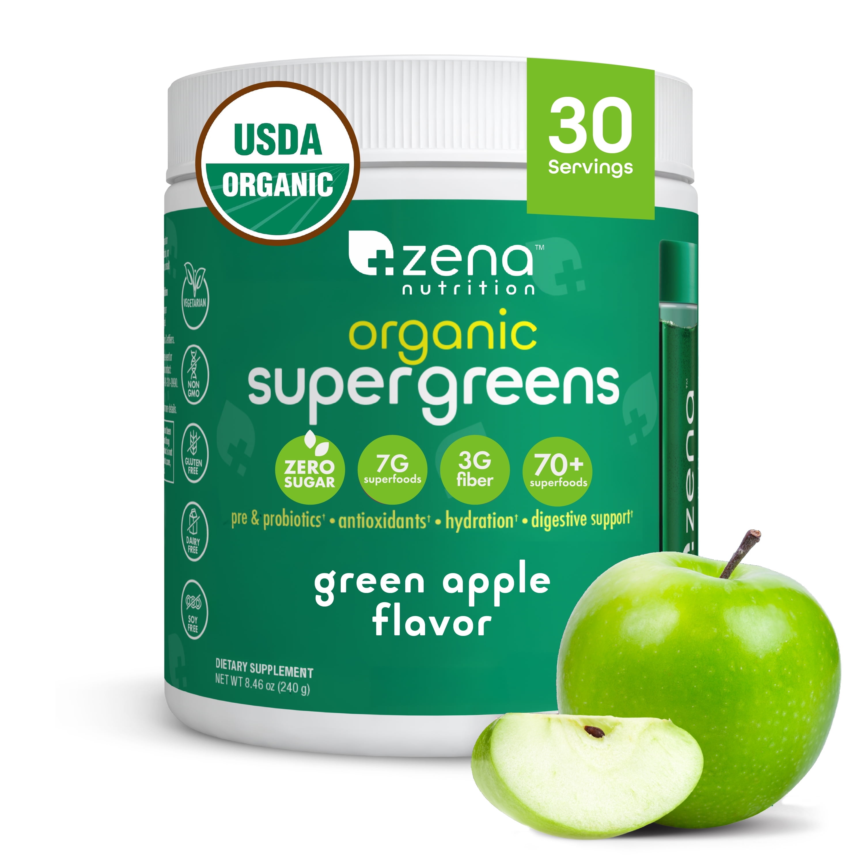 Zena Nutrition Organic Super Greens Powder Tub, Green Apple, 0 Sugar, 3G Fiber, Superfoods, 30 Servings