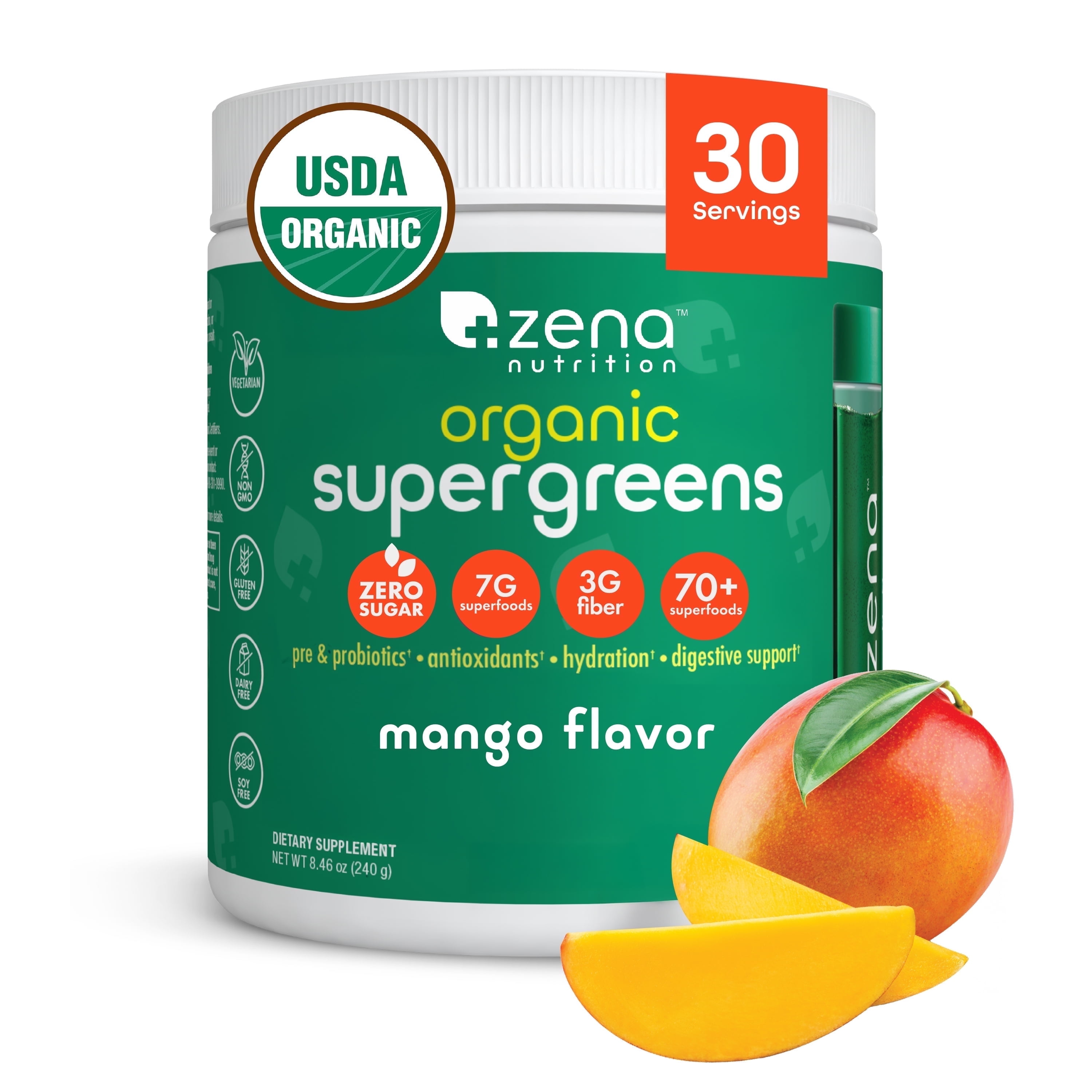 Zena Nutrition Organic Super Greens Powder, Mango, 0 Sugar, 3G