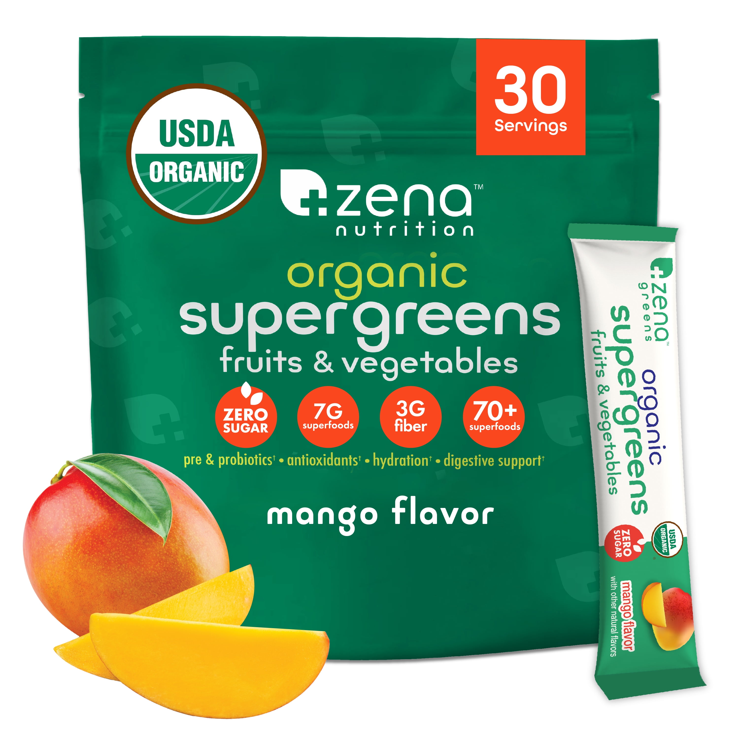 Zena Nutrition Organic Super Greens Powder, Mango, 0 Sugar, 3G Fiber, Superfoods, 8.47 oz, 30 Servings