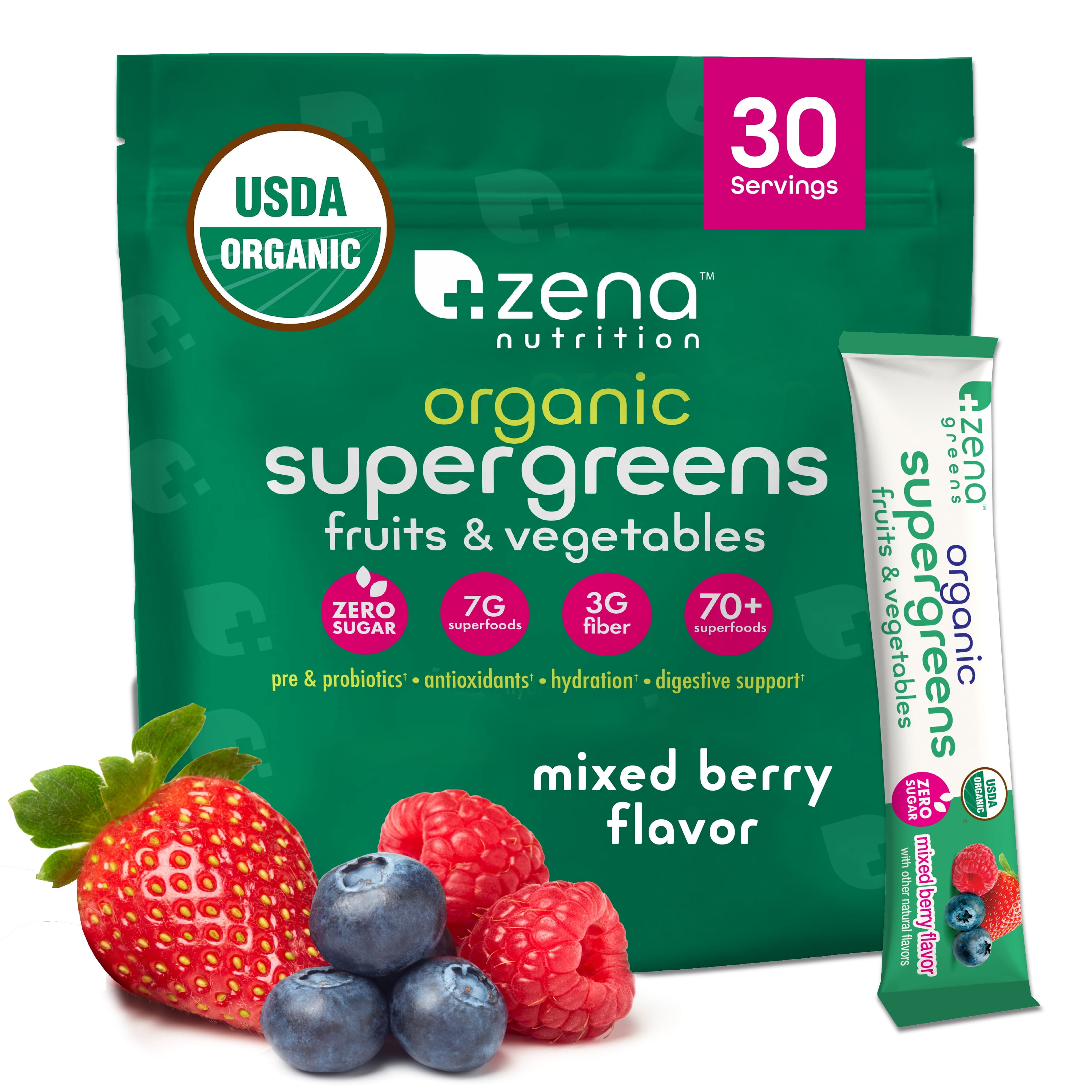 Zena Nutrition Organic Super Greens Powder, Mixed Berry, 0 Sugar, 3G Fiber, Superfoods, 30 Packets