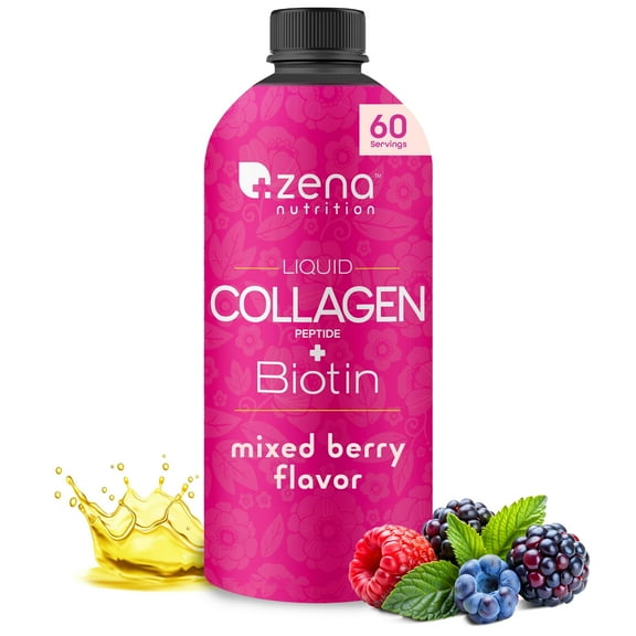 Zena Nutrition Liquid Collagen & Biotin, Mixed Berry, 20.3 Fluid Ounces, 60 Servings for 2 Months