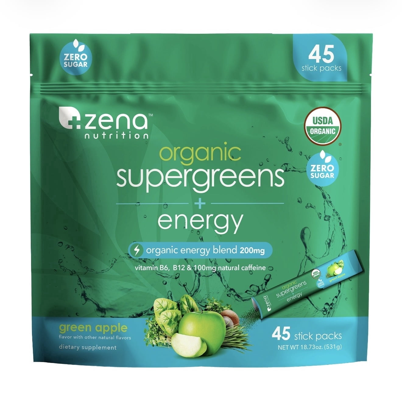 Zena Nutrition Organic Super Greens + Plus Energy, 45 Packets