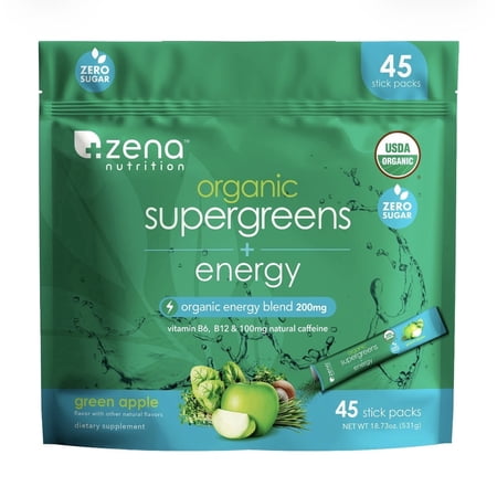 Zena Nutrition Organic Super Greens + Plus Energy, 45 Packets, Green Apple, 0 Sugar, 4G Fiber