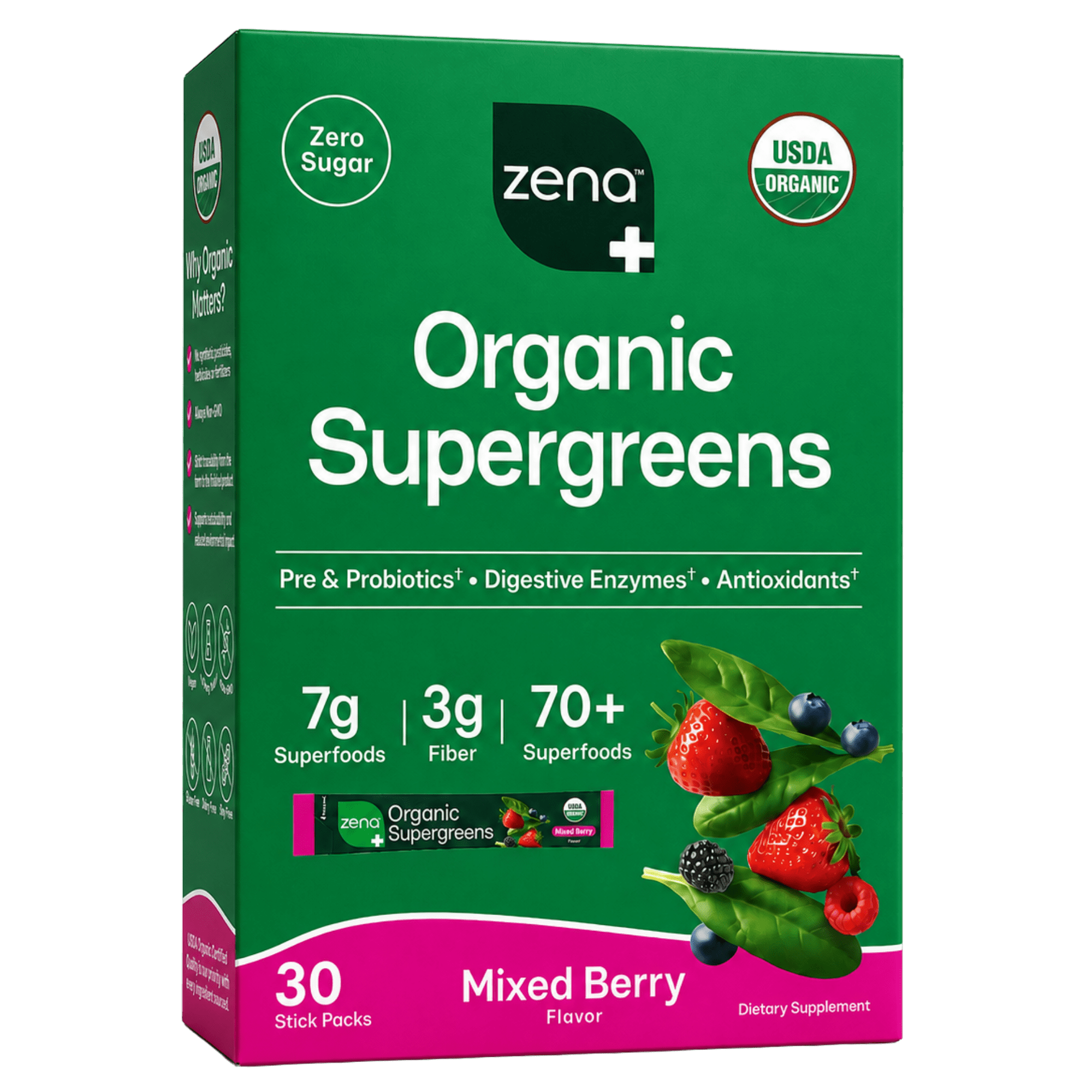 Zena Organic Supergreens Powder, 70+ Superfoods, 0 Sugar, 3G Fiber, Mixed Berry Flavor, 30ct