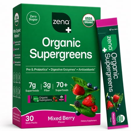 Zena Organic Greens Powder, 70+ Superfoods, 3g Fiber, Mixed Berry Supergreens, 30 Count