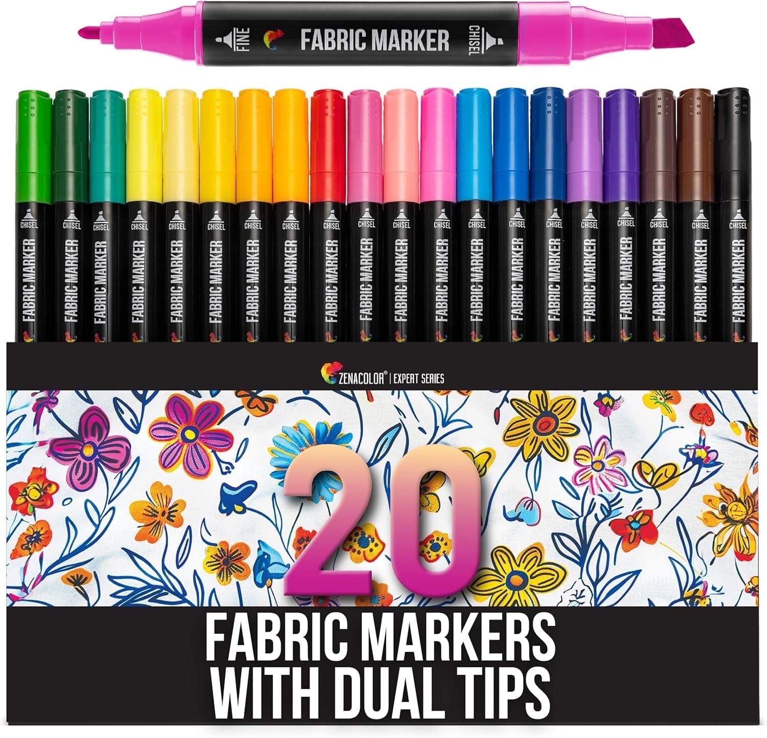 Zenacolor Dual Tip Fabric Markers, Permanent, Fine & Chisel Point
