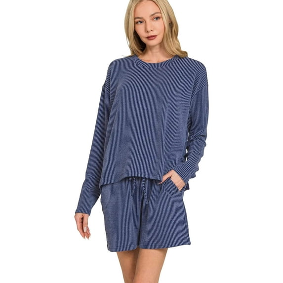 Zenana Corded Rib Long Sleeve Tee and Shorts Set
