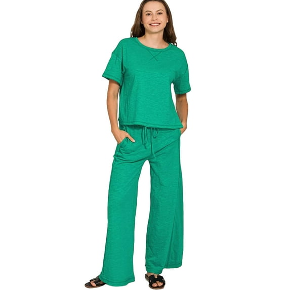 Zenana Cotton Slub Short Sleeve Tee and Pants Set
