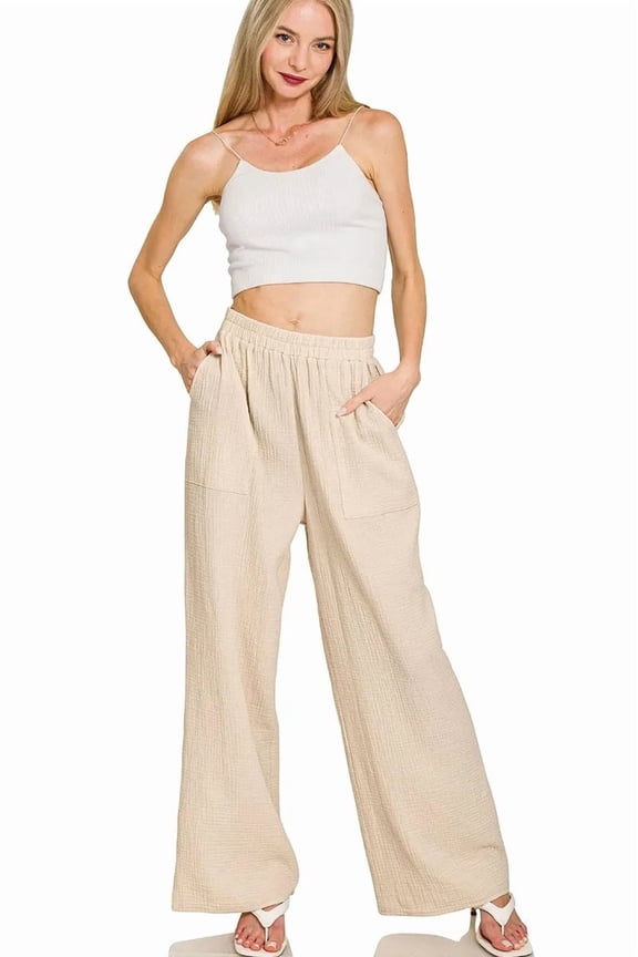 Zenana Double Gauze Elastic Band Pants