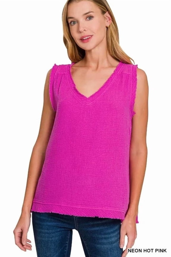 Zenana Double Gauze Raw Edge V-Neck Tank