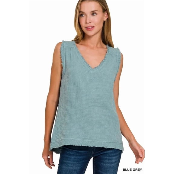 Zenana Double Gauze Raw Edge V-Neck Tank