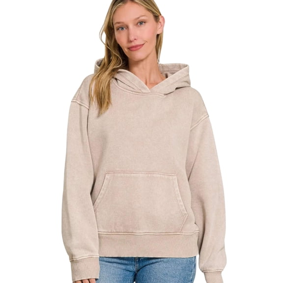 Zenana Fleece Acid Wash Kangaroo Pocket Hoodie