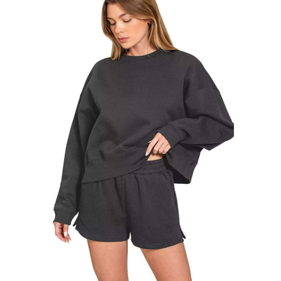 Zenana Fleece Round Neck Sweatshirt and Shorts Set