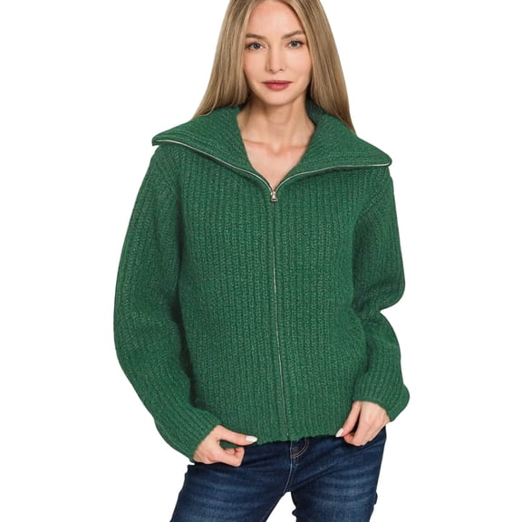 Zenana High Neck Full Zip Sweater Cardigan