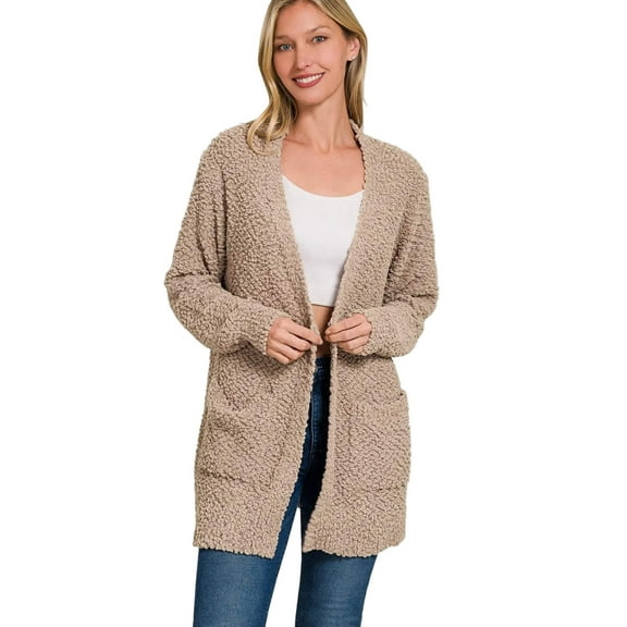 Zenana Long Sleeve Popcorn Sweater Cardigan with Pockets
