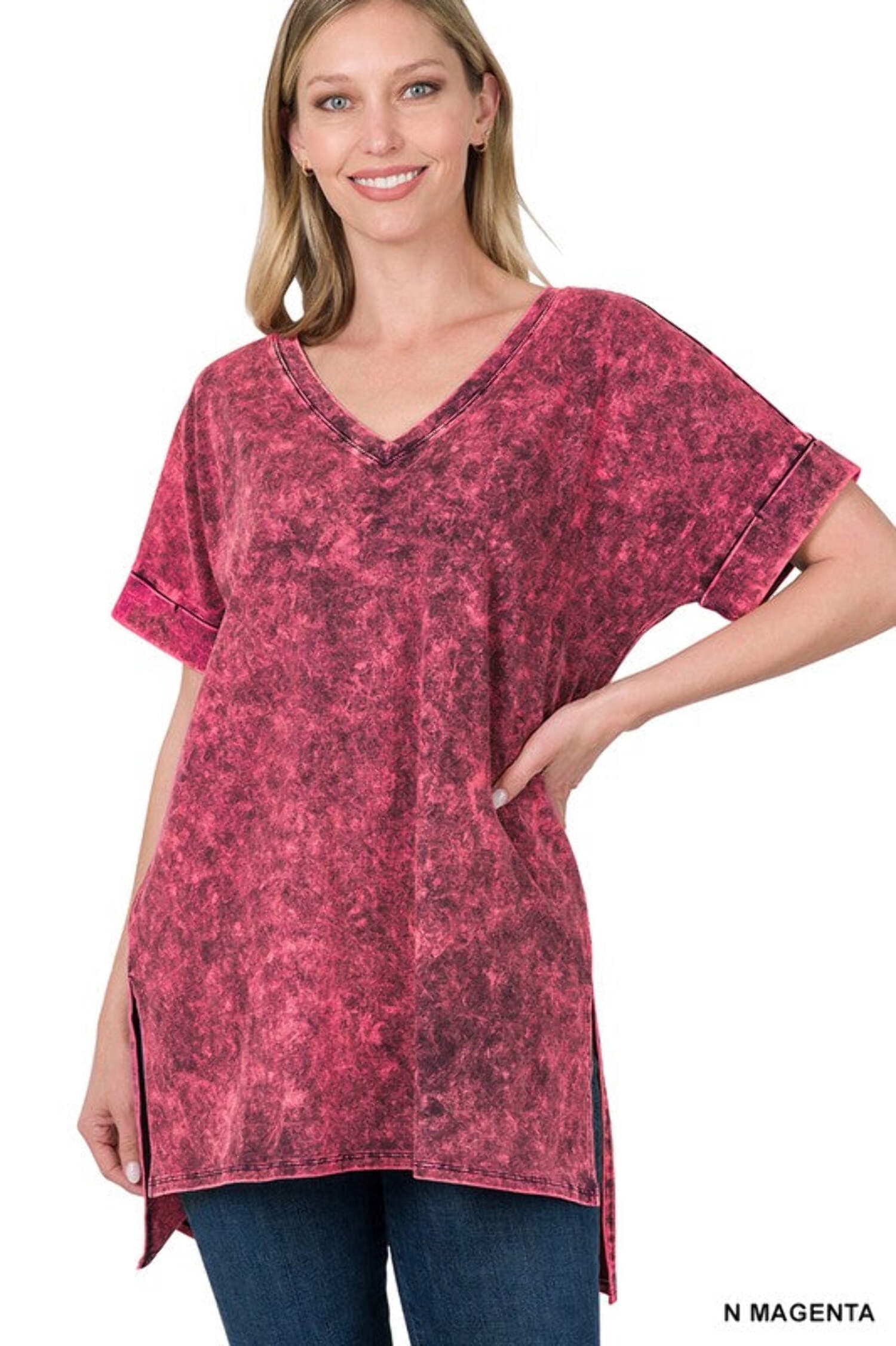 Zenana Women's Rolled Sleeve V-Neck Dress - Short Sleeve Casual Dress With Pockets, Black, Size Small