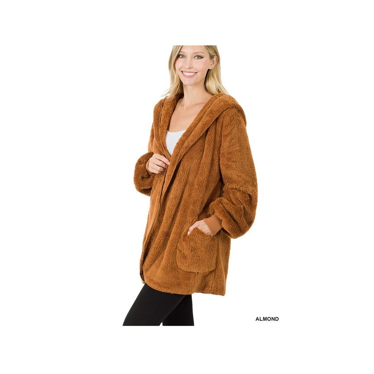 Zenana Outfitters Hooded Teddy Jacket Sherpa Relaxed Fit Pockets Brown Open Front