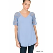 Zenana Outfitters  Lace Top Cami   T-Shirt Womens V-Neck Short Sleeve Round Hem Blue