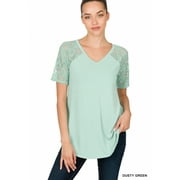 Zenana Outfitters  Lace Top T-Shirt Womens   V-Neck Short Sleeve Round Hem Soft Green