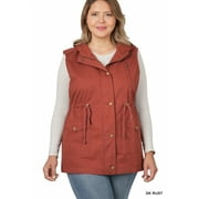 Zenana Outfitters  Plus Size Military Style Hooded Vest   Large Pockets, Full zip, buttons Dark Rust Versatile - Utility Jacket Vest